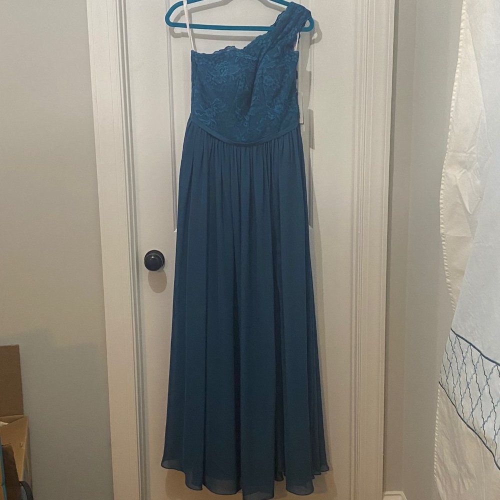 One Shoulder Ink Blue Lace Bridesmaid Dress